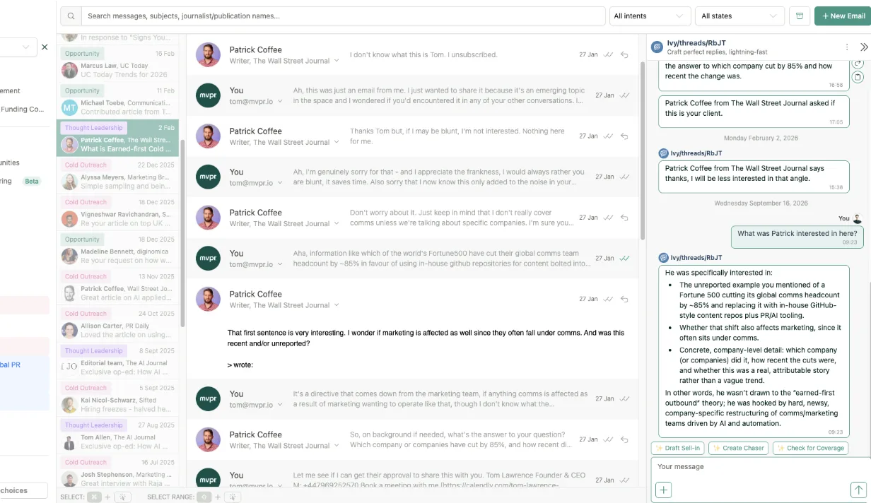 A journalist conversation thread with the reply history and suggested response beside it