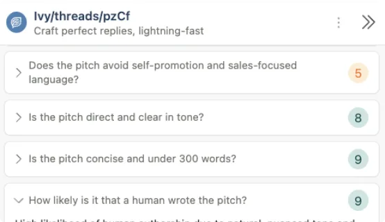A scored pitch, with each customised check listed against it