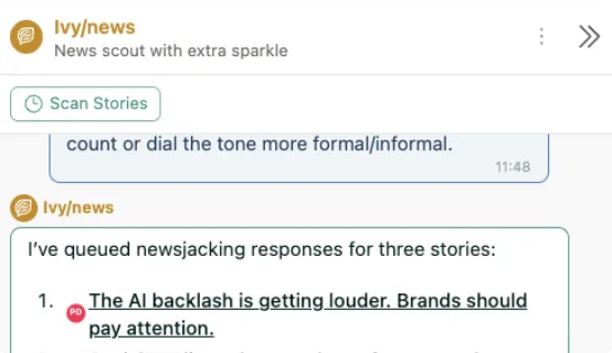 A newsjacking queue, with drafted responses waiting for approval